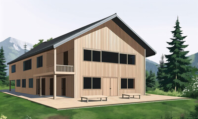 Fototapeta premium Wooden house with a lawn and a garden. Generative AI