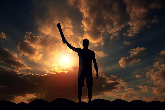 Man holding torch on sunset cloud background. Photo generative AI