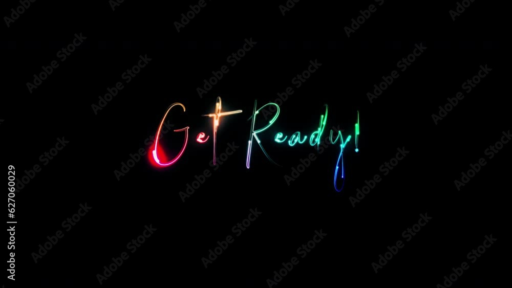 Poster get ready glow colorful neon laser text animation glitch effect on black abstract background.