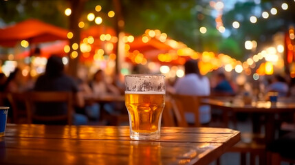 Bokeh background of street bar beer restaurant, outdoor. People sit chill out and hang out dinner and listen to music together in avenue. Generative AI