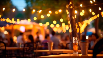 Fototapeta na wymiar Bokeh background of street bar beer restaurant, outdoor. People sit chill out and hang out dinner and listen to music together in avenue. Generative AI