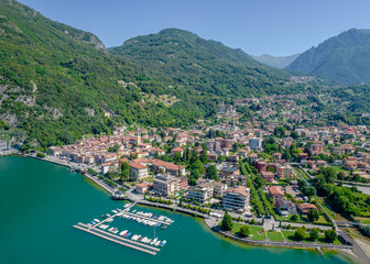 Porlezza town, Lugano Lake. Aerial panoramic photo of town in Lugano Lake between Switzerland and Lombardy, Italy