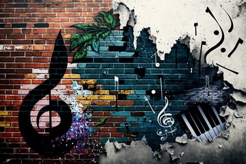 Collage of music on a brick wall with graffiti art. Generative AI