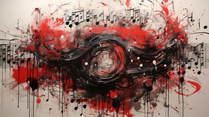 The painting features music notes, a red circle, and swirls on a black and white background. (Generative AI)