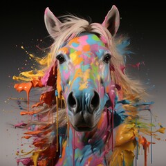 The horse painting features colorful splatters on a white background. (Generative AI)