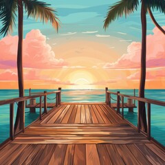 A beach scene with wooden pier surrounded by palm trees. (Generative AI)