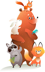 Cute forest animals friends together, children illustration. Bear, bunny squirrel and raccoon happy woodland animals for party, celebration or zoo. Hand drawn vector in watercolor style for kids.