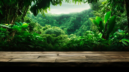 The empty wooden table for product display with blur background of tropical jungle. Exuberant image. Generative AI