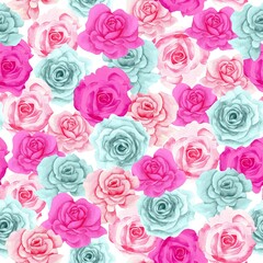 Watercolor flowers pattern, pibk and blue roses, seamless