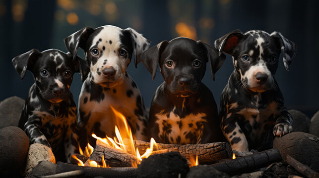 4 dalmatian puppies sitting by a campfire