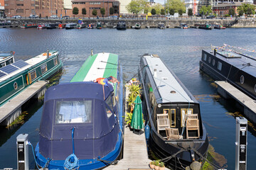 Liverpool, united kingdom May, 16, 2023  Beautiful boat houses anchored in the Liverpool city harbor