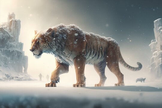 Wallpaper featuring a liger wandering in snow. Generative AI