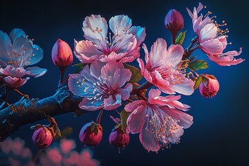 Close-up pink cherry blossoms against a deep blue backdrop. Depicting springtime. Generative AI