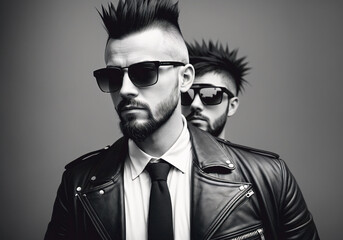 Fototapeta premium Young punk man wearing black glasses. Portrait of bold male with bright image, daring style. Generative AI.