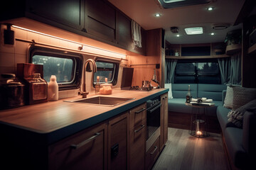 Kitchen in the motorhome. Generative AI