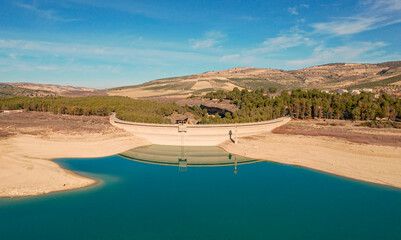 Drought in the reservoir. Very low water reserves due to the effects of climate change. Aerial...