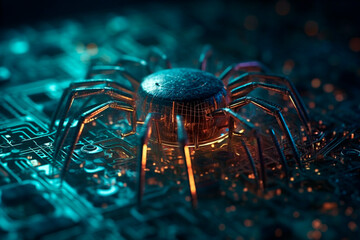 Cyber spider on a microchip. Generative AI