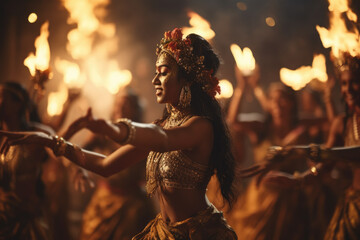 Enchanting Kecak Fire Dance. Group of Balinese Dancers Captivating the Audience. AI Generative 