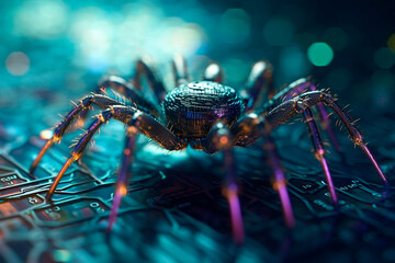 Cyber spider on a microchip. Generative AI