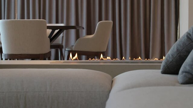 Burning eco bio ethanol fireplace in the living room