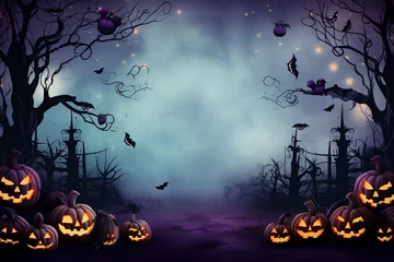 Fototapeten spooky halloween illustration for kids carwed pumpkins and copy space in the middle. High quality photo © Starmarpro