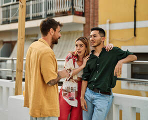 woman man rooftop friend youth young party friendship talking fun happy outdoor group drink...