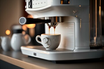 An image depicting a coffee machine preparing a cup of espresso and pouring it into a white porcelain cup. Generative AI