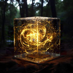 Artistic and futuristic glass vortex cube with fireflies and lights from another dimension, magic cube. Generative AI