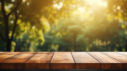 Empty wood table top and blurred view from green tree garden bokeh background. Product and food display Generative ai