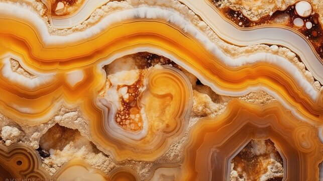 Generative AI, natural volcanic agate stones close-up light orange, apricot crush and golden texture. Wallpaper background, quartz marble, decorative rock pattern..