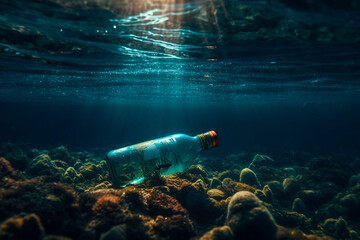 Bottle at the bottom of the ocean. Generative AI
