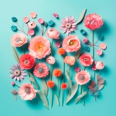 Pink flowers on a blue background. Generative AI