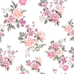 Watercolor flowers pattern, pink and golden tropical elements, green leaves, white background, seamless