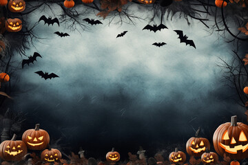 Spooky halloween illustration, pumpkins castle, dark, cartoon style for kids. High quality photo