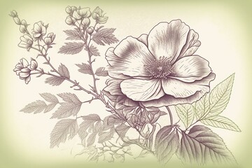 Wild rose flower drawing background. Ideal for greeting cards. Generative AI