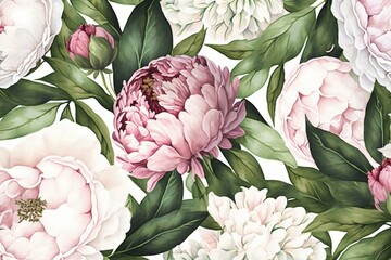 Pink and white peony watercolor repeat pattern. Generative AI