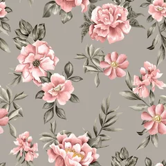 Rolgordijnen Watercolor flowers pattern, red tropical elements, green leaves, green background, seamless © Leticia Back