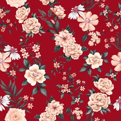Watercolor flowers pattern, golden roses, green leaves, red background, seamless