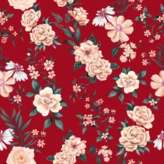 Gordijnen Watercolor flowers pattern, golden roses, green leaves, red background, seamless © Leticia Back