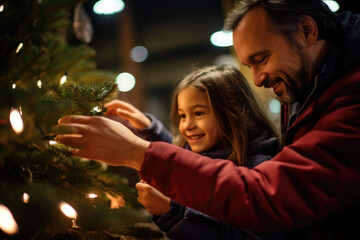Creating Cherished Memories. Celebrating the Festive Season with the Joyful Family Decorating the Christmas Tree. AI Generative Illustration