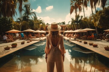 Naklejka premium Back view of young stylish blond woman wearing straw hat on her, vacation at a beautiful resort. standing by a warm summer swimming pool. sunny day. Vacation. Copy Space. Made With Generative AI.