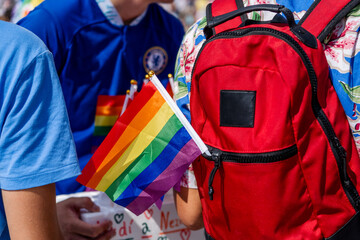 Celebration of pride month, Colourful rainbow flag hanging waving in the air, Symbol of Gay, Lesbian, Bisexual and Transgender, LGBTQ community, Worldwide social movements.