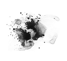 Black Ink Watercolor flow blot with drops splash. Abstract texture color stain on white background.