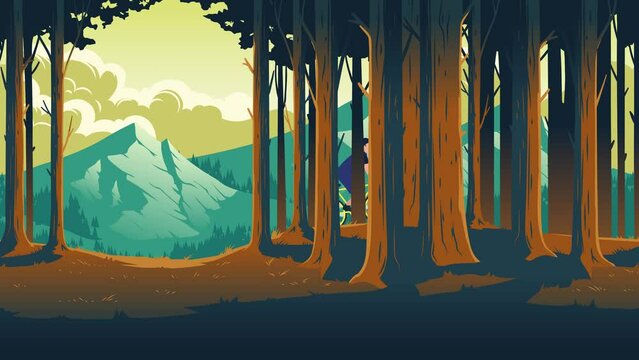 Animation in the style of flat graphics. A cyclist riding through the forest at sunrise