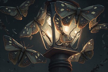A magical illustration of moths fluttering around a streetlight. Generative AI