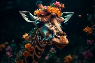 Giraffe among flowers. Generative AI