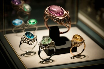 High-end rings with precious stones showcased in a jewelry store's window. Generative AI