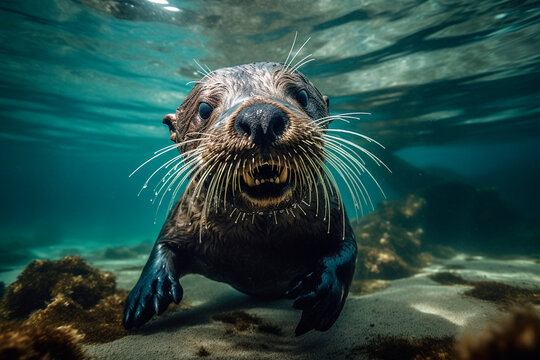 Sea lion underwater. Generative AI