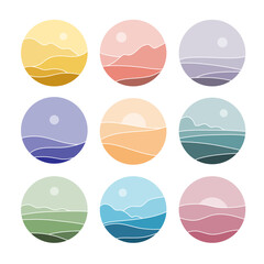Set of abstract landscapes in circles. Logo and icon design. Collection of monochrome landscapes