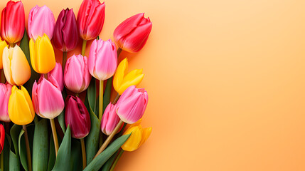 Beautiful Bouquet of vivid colorful tulips flowers on yellow background.